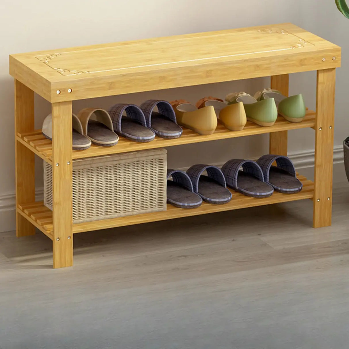 Rustic Bamboo Wood Shoe Storage Bench Rack Entryway Image - 5