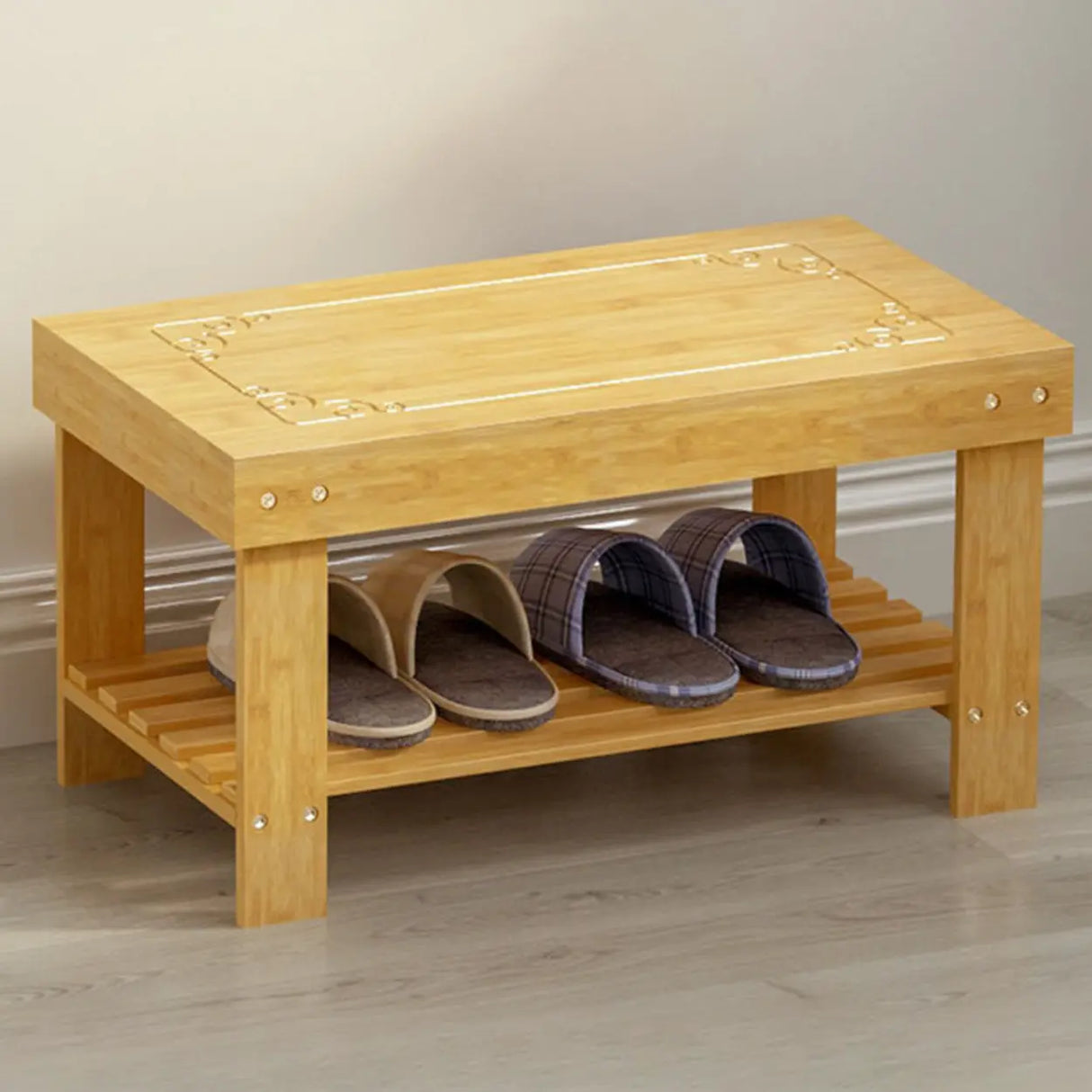 Rustic Bamboo Wood Shoe Storage Bench Rack Entryway Image - 6