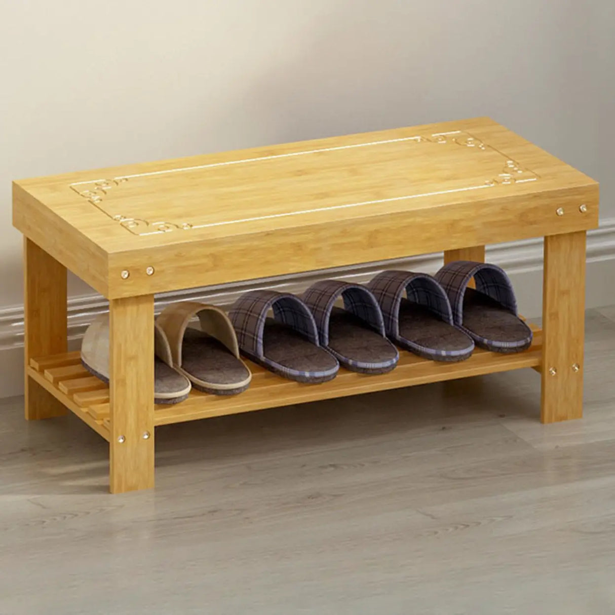 Rustic Bamboo Wood Shoe Storage Bench Rack Entryway Image - 7