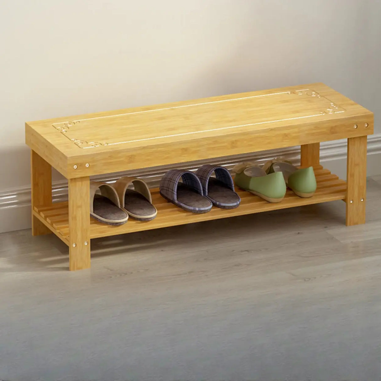 Rustic Bamboo Wood Shoe Storage Bench Rack Entryway Image - 8
