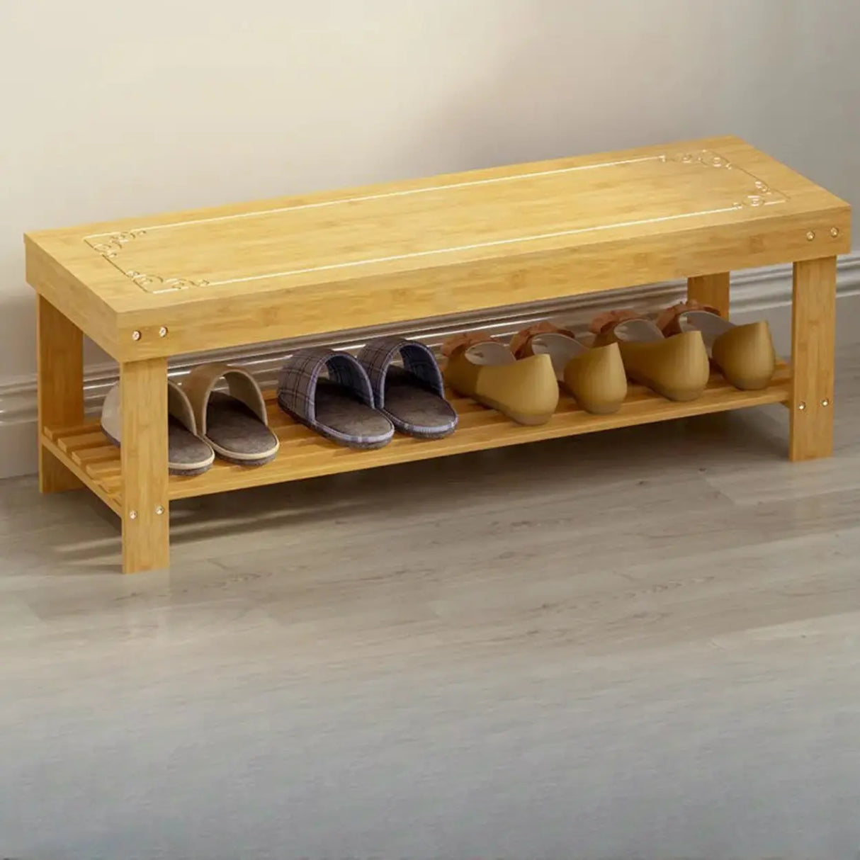 Rustic Bamboo Wood Shoe Storage Bench Rack Entryway Image - 9