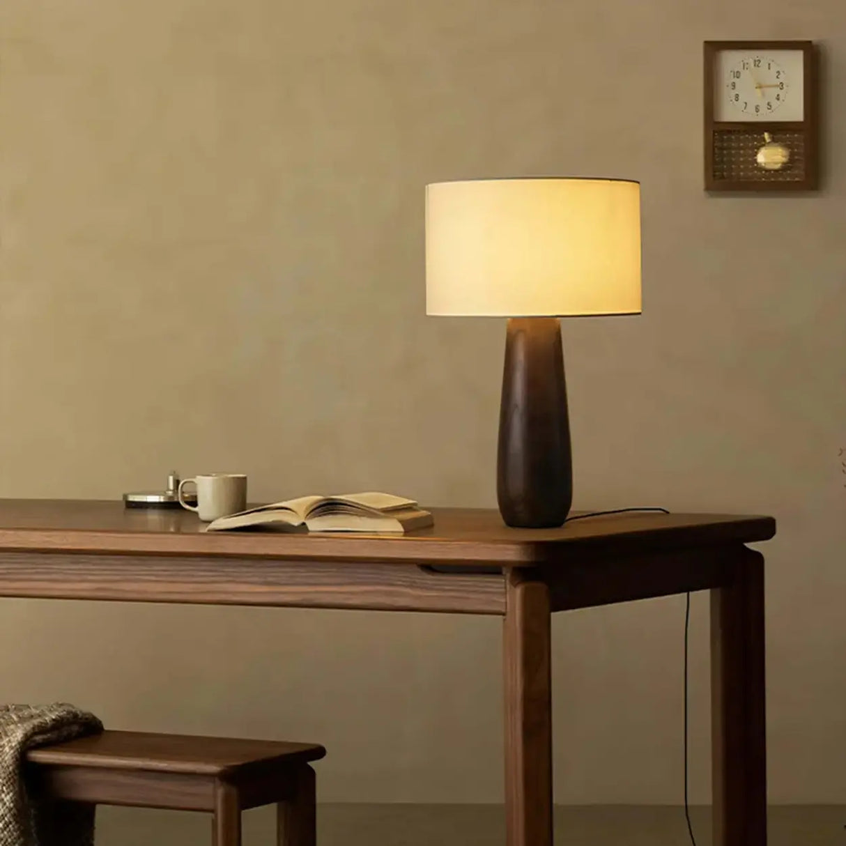 Rustic Bedroom Organic Drum Shade Wood Table Lamp Image - 6
