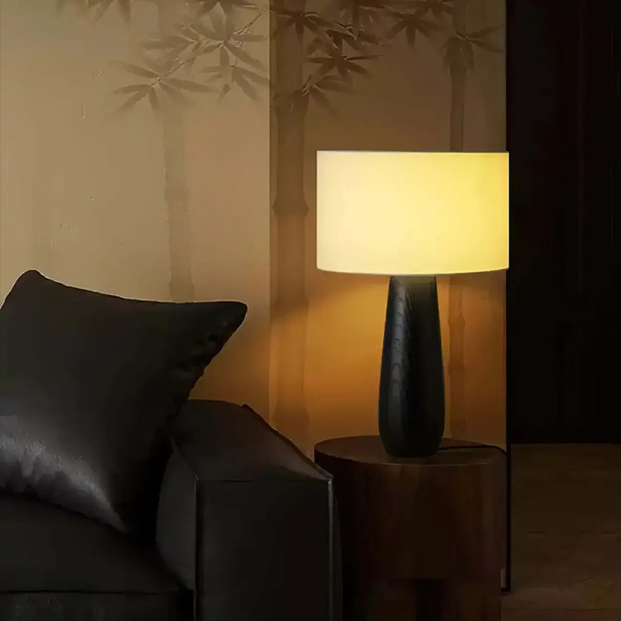 Rustic Bedroom Organic Drum Shade Wood Table Lamp Image - 9