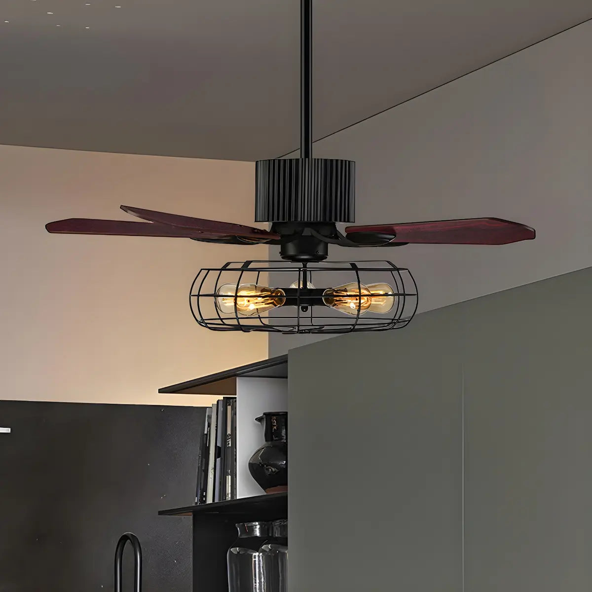 Rustic Black Caged Wall Control Metal Ceiling Fan with Light Image - 2