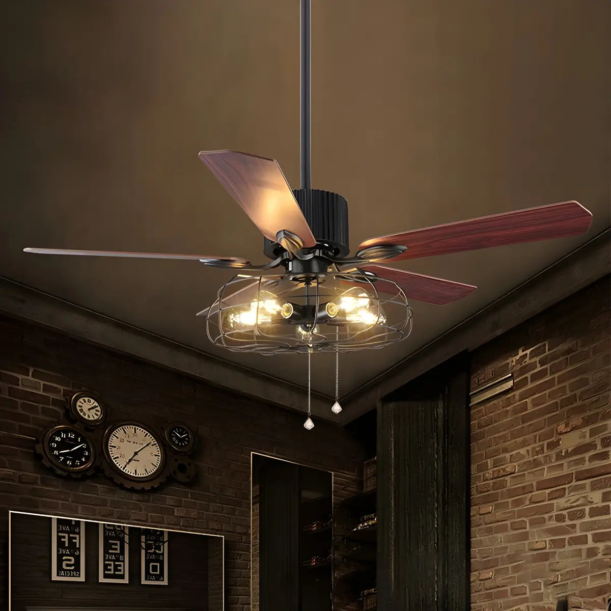 Rustic Black Caged Wall Control Metal Ceiling Fan with Light Image - 8