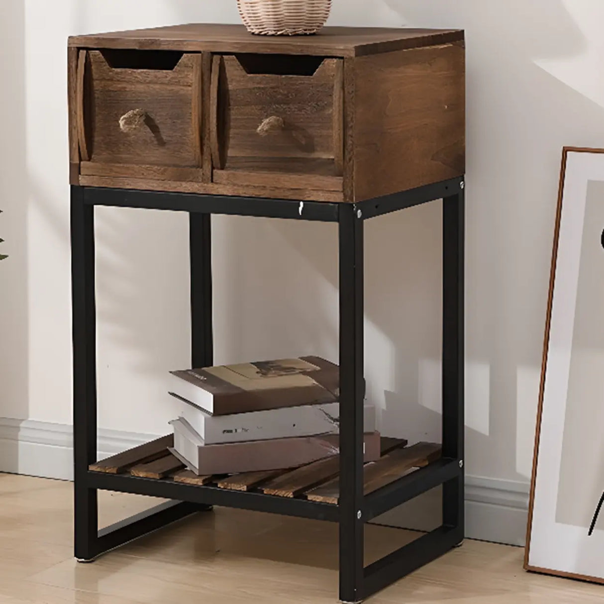 Rustic Black Frame Wood Storage Square Console Table Image - 1