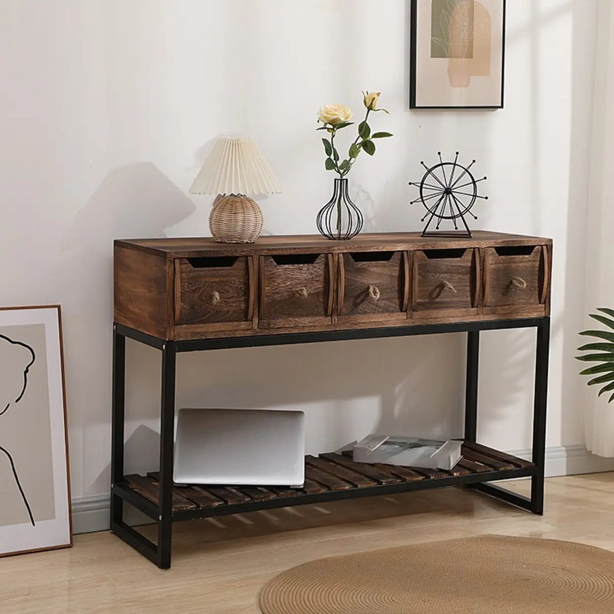 Rustic Black Frame Wood Storage Square Console Table Image - 2