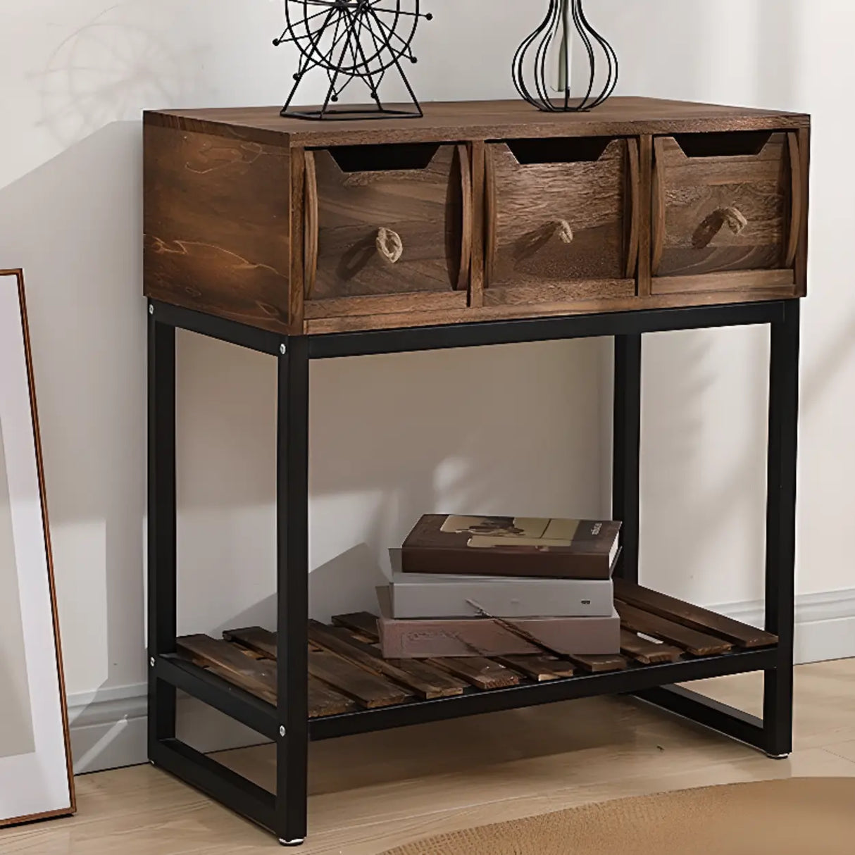 Rustic Black Frame Wood Storage Square Console Table Image - 3