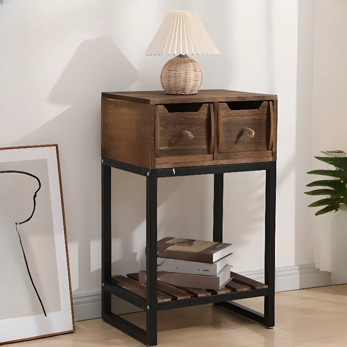 Rustic Black Frame Wood Storage Square Console Table Image - 5