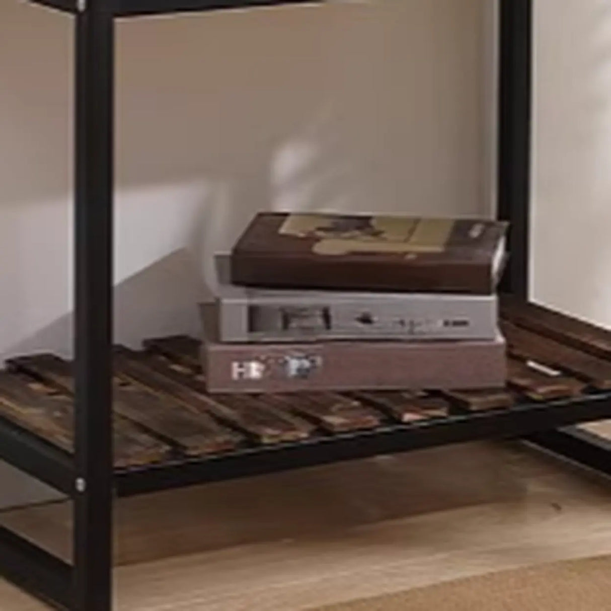 Rustic Black Frame Wood Storage Square Console Table Image - 6