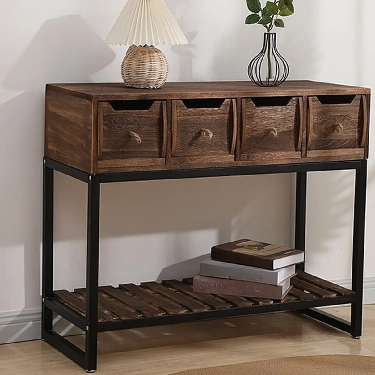 Rustic Black Frame Wood Storage Square Console Table Image - 7