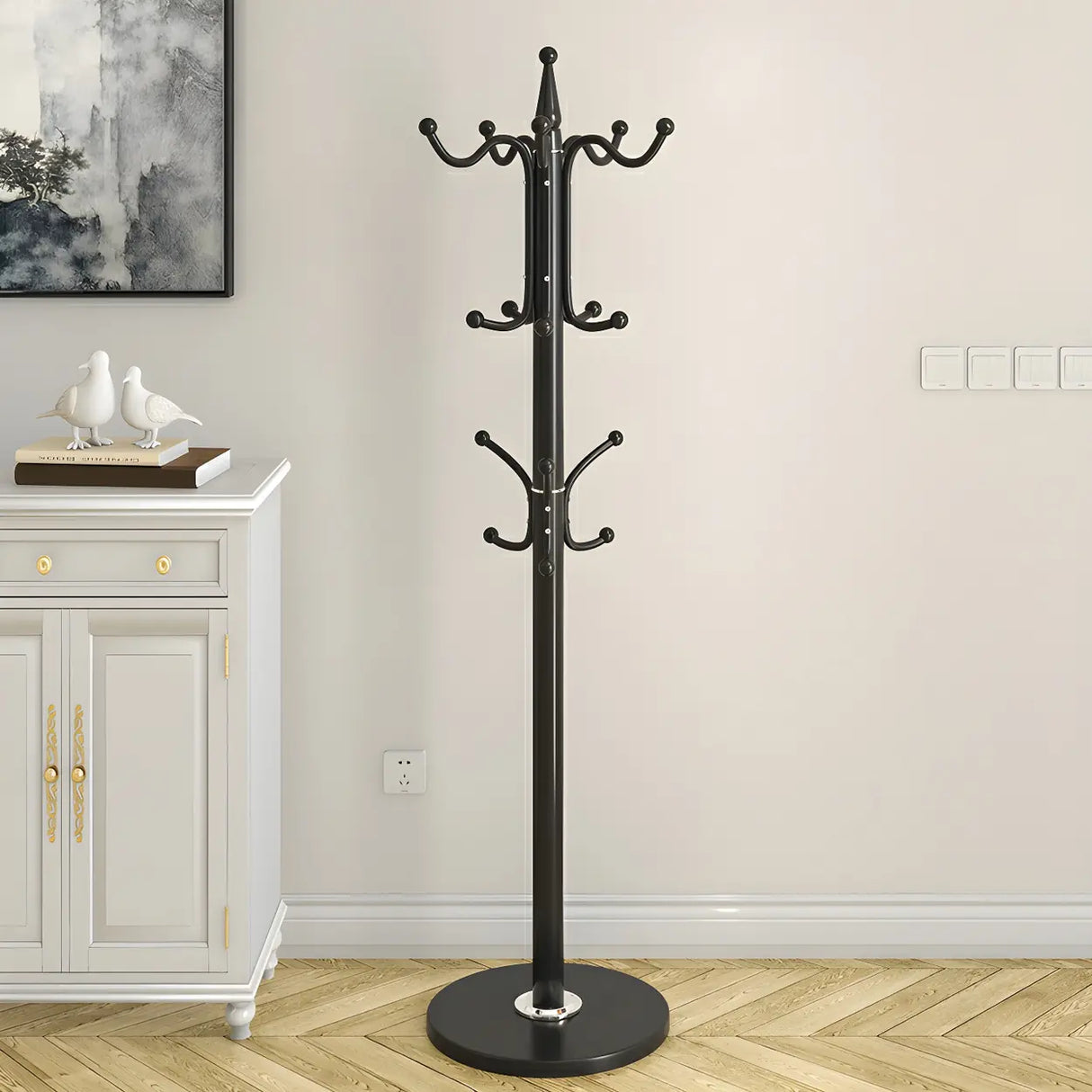 Rustic Black Hooks Metal Space-Saving Freestand Hall Tree Image - 1