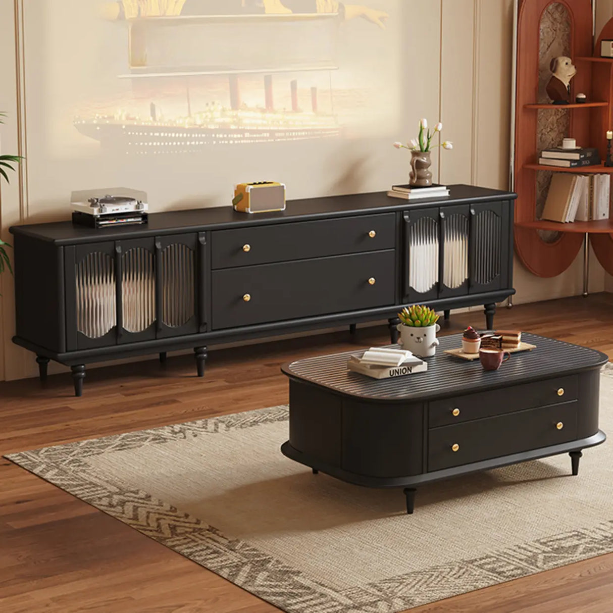 Rustic Black Wood Drawers Cabinet Long TV Stand Image - 1