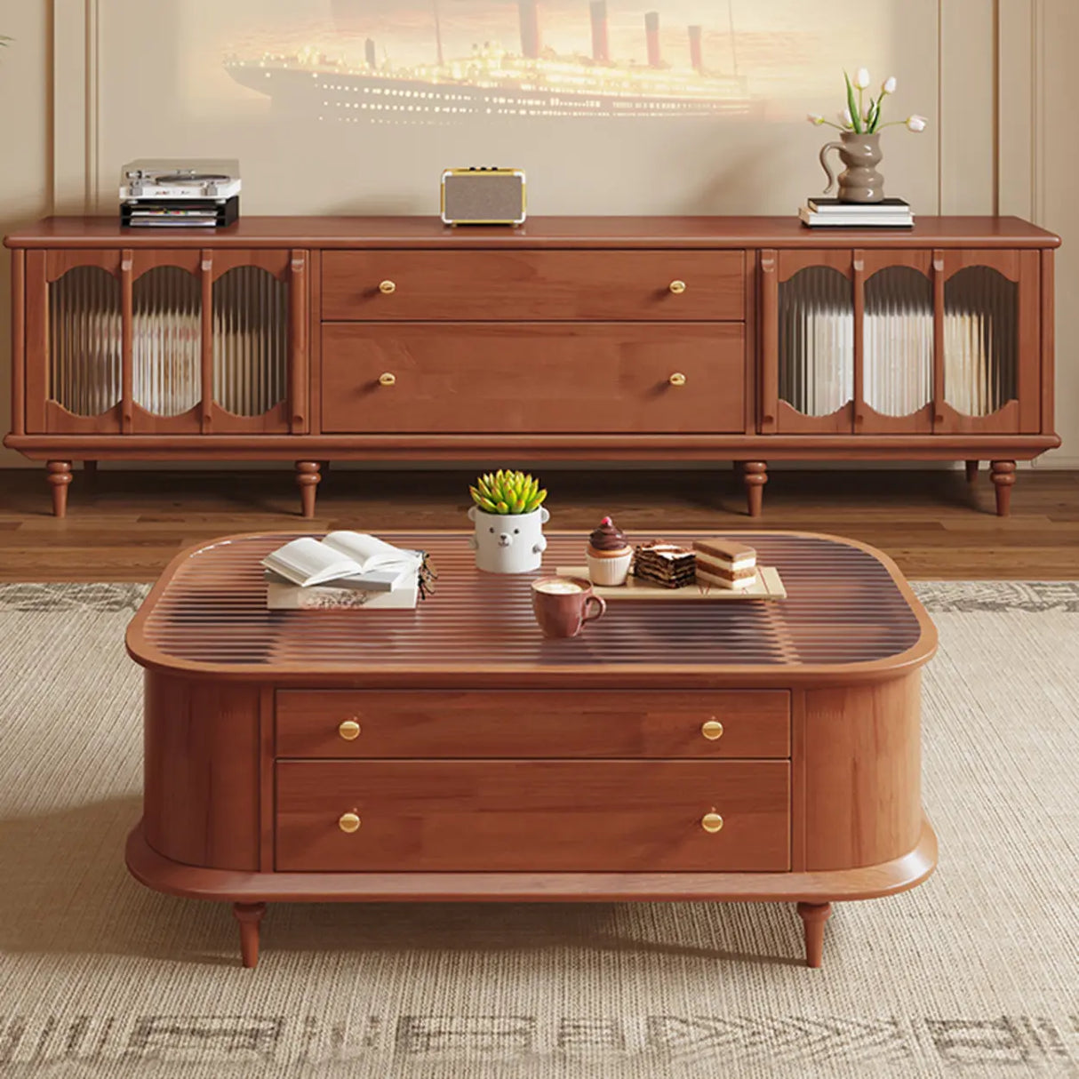 Rustic Black Wood Drawers Cabinet Long TV Stand Image - 4