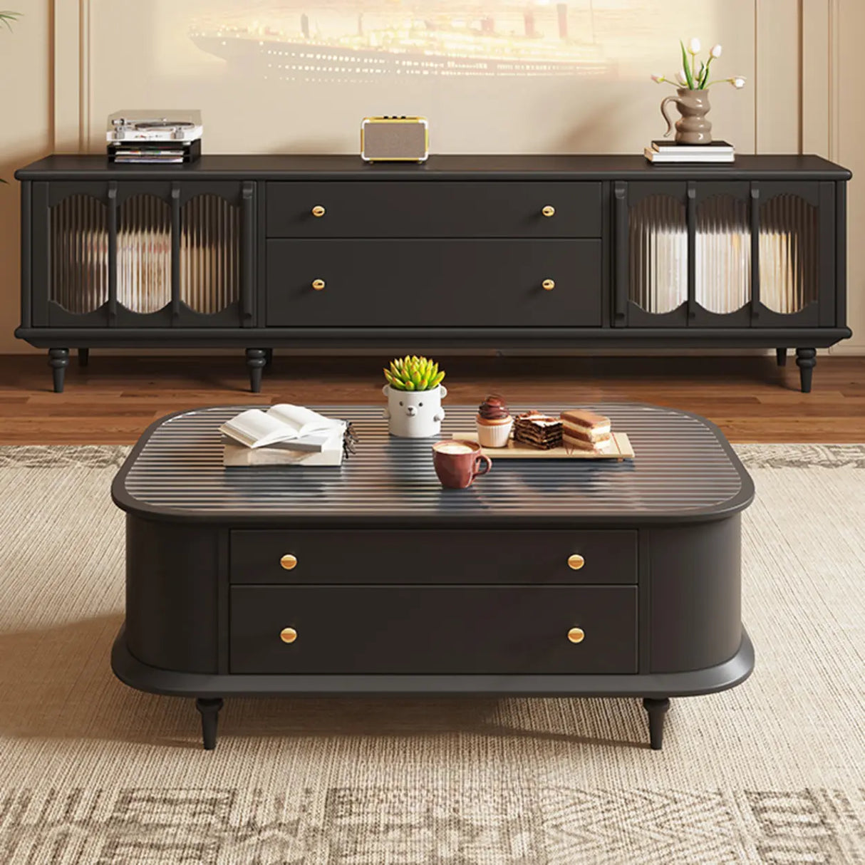 Rustic Black Wood Drawers Cabinet Long TV Stand Image - 5