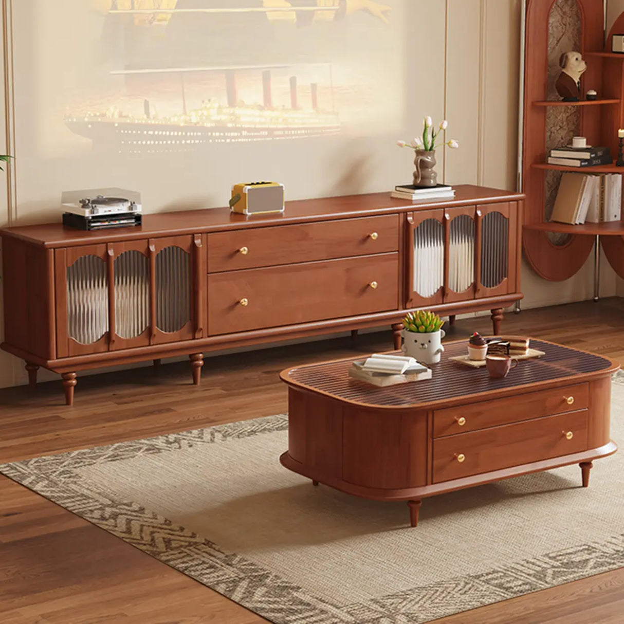 Rustic Black Wood Drawers Cabinet Long TV Stand Image - 6