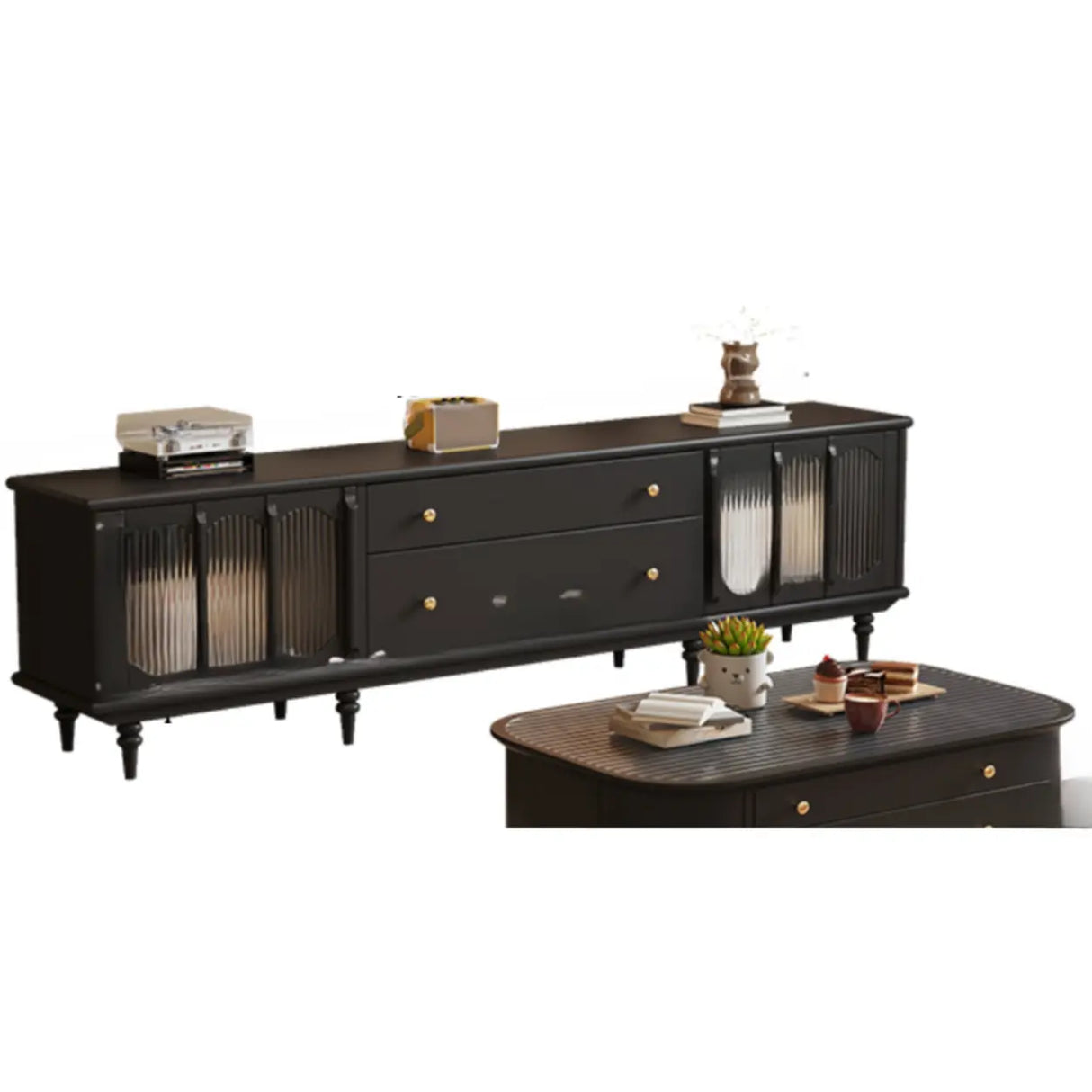 Rustic Black Wood Drawers Cabinet Long TV Stand Image - 7