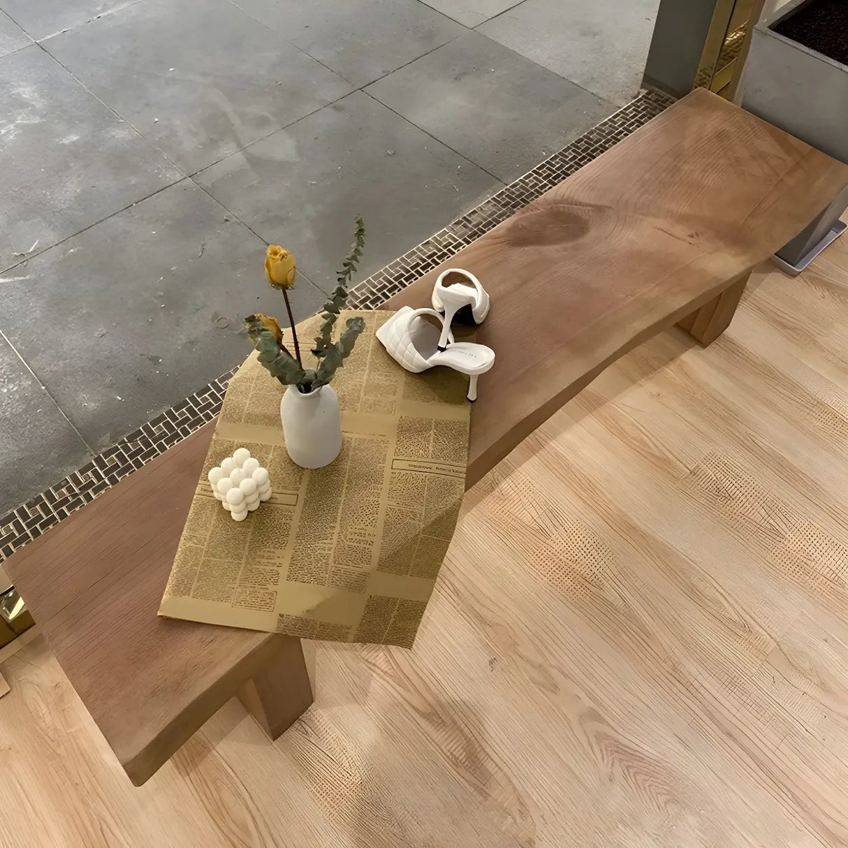 Rustic Brown Curved Pine Wood Dining Bench with Legs Image - 1