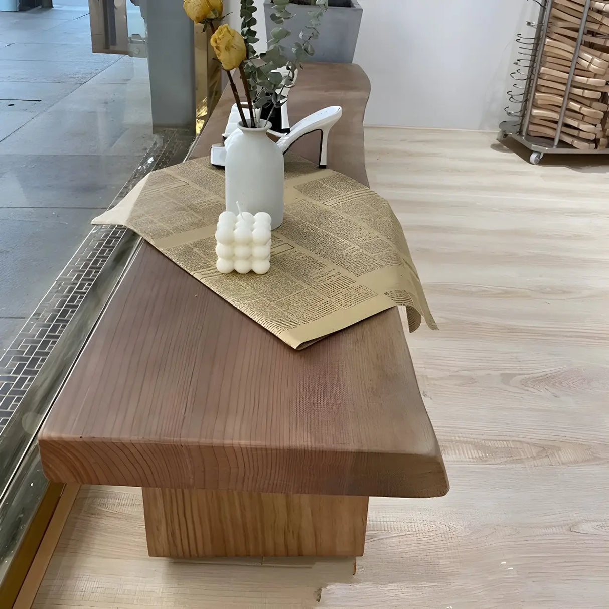 Rustic Brown Curved Pine Wood Dining Bench with Legs Image - 4