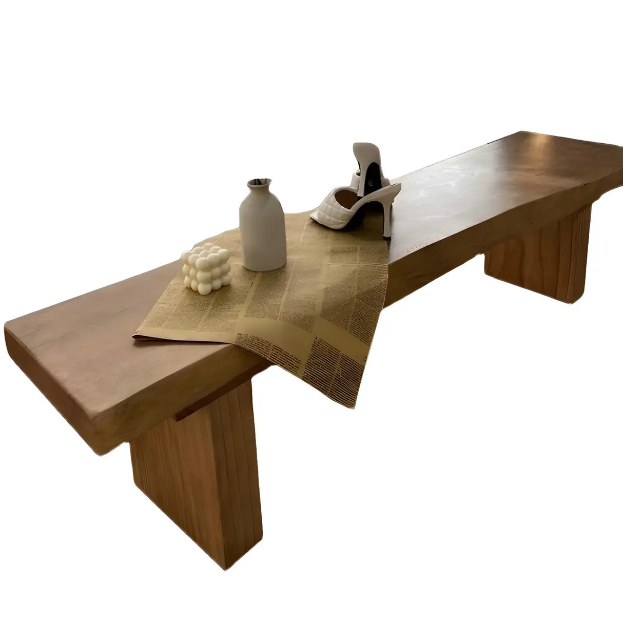 Rustic Brown Curved Pine Wood Dining Bench with Legs Image - 5