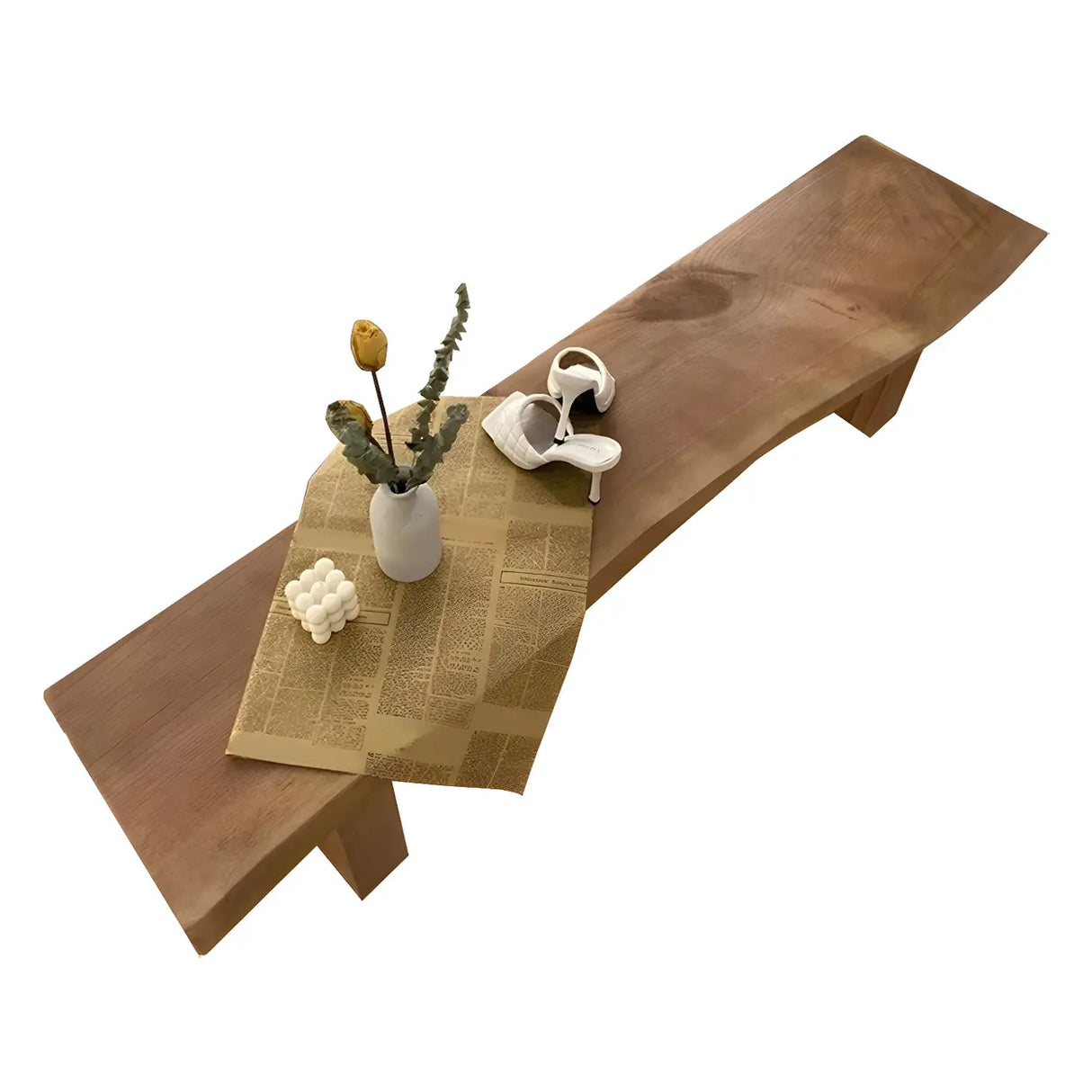 Rustic Brown Curved Pine Wood Dining Bench with Legs Image - 6