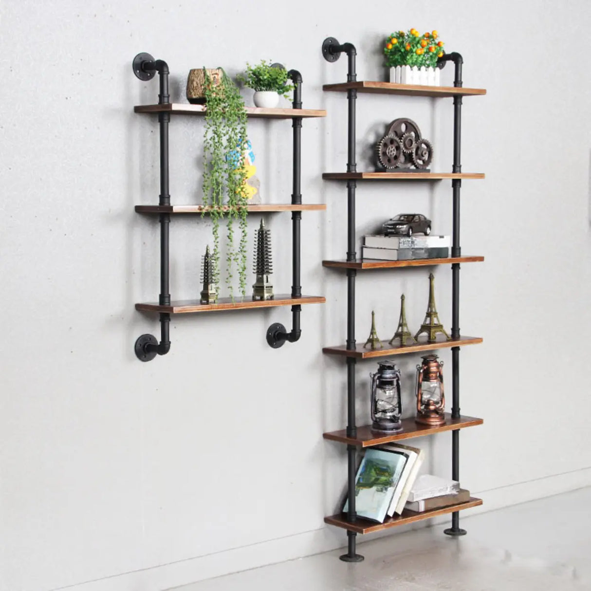 Rustic Brown Industrial Iron Pipe Wall-Mount Bookshelf Image - 1