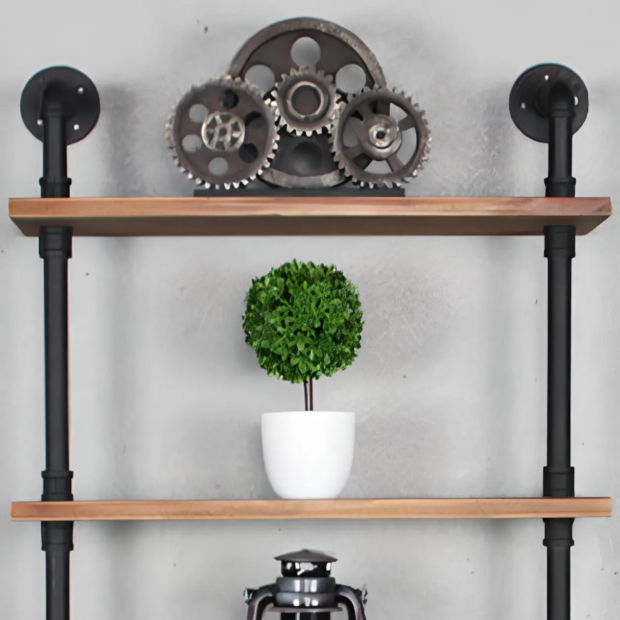 Rustic Brown Industrial Iron Pipe Wall-Mount Bookshelf Image - 10