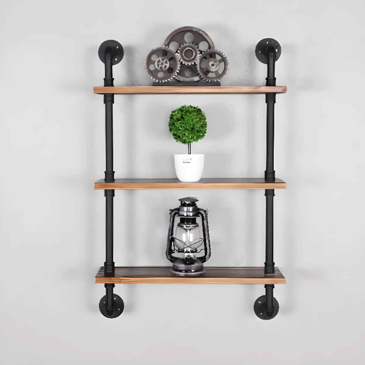 Rustic Brown Industrial Iron Pipe Wall-Mount Bookshelf Image - 11