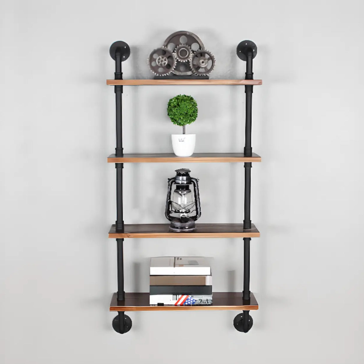 Rustic Brown Industrial Iron Pipe Wall-Mount Bookshelf Image - 12