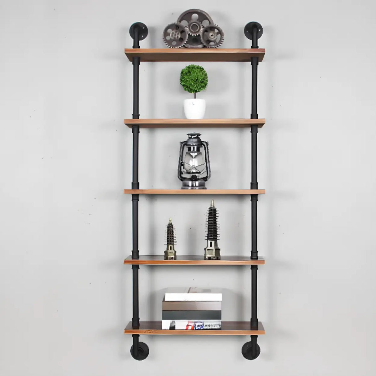 Rustic Brown Industrial Iron Pipe Wall-Mount Bookshelf Image - 13