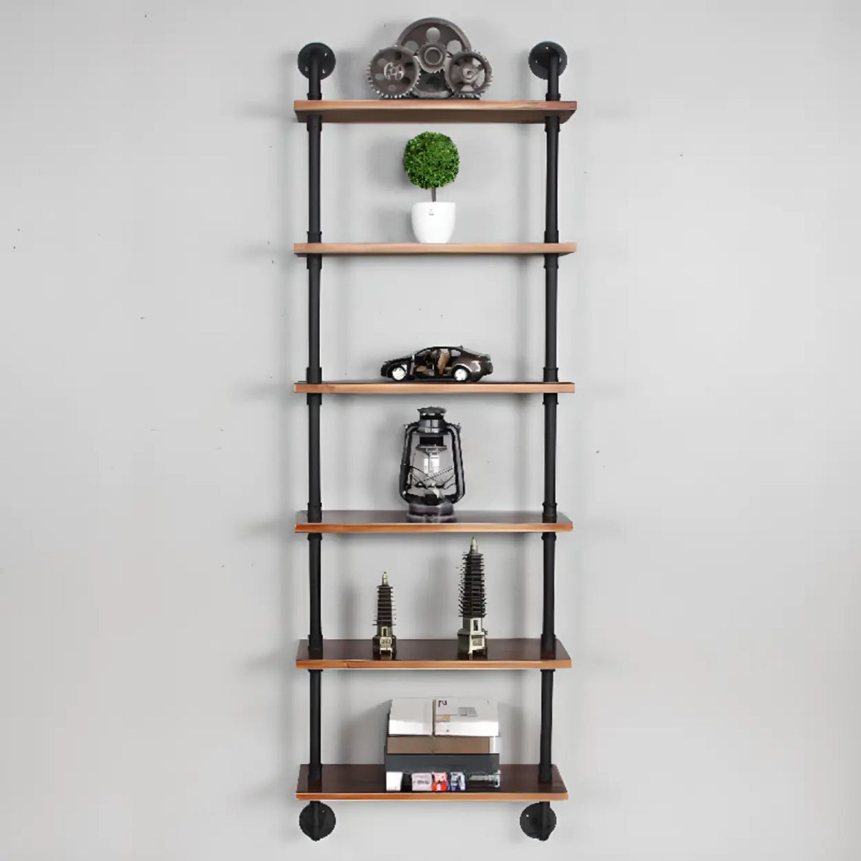 Rustic Brown Industrial Iron Pipe Wall-Mount Bookshelf Image - 15