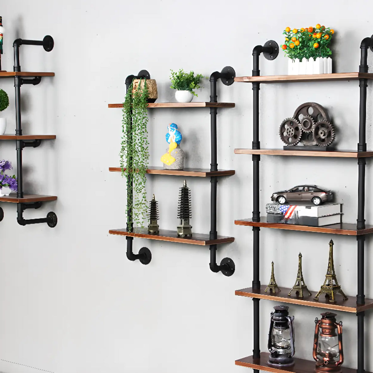 Rustic Brown Industrial Iron Pipe Wall-Mount Bookshelf Image - 16