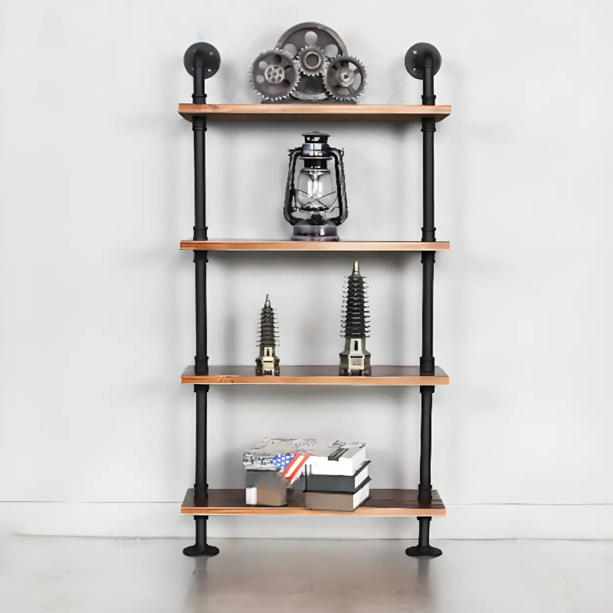 Rustic Brown Industrial Iron Pipe Wall-Mount Bookshelf Image - 17