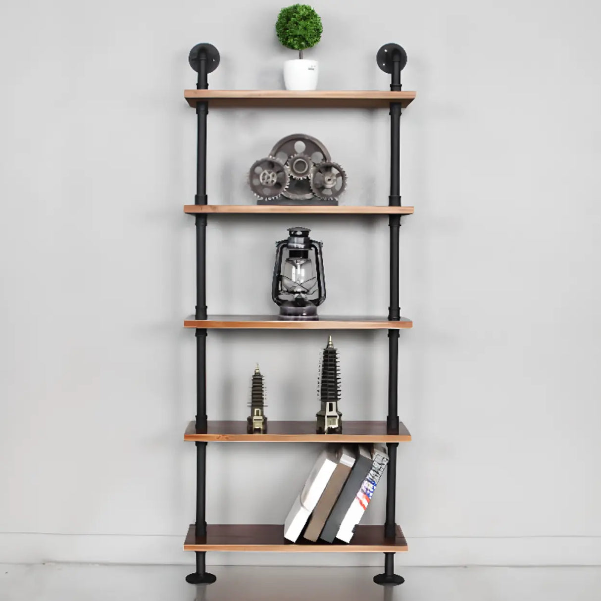 Rustic Brown Industrial Iron Pipe Wall-Mount Bookshelf Image - 18