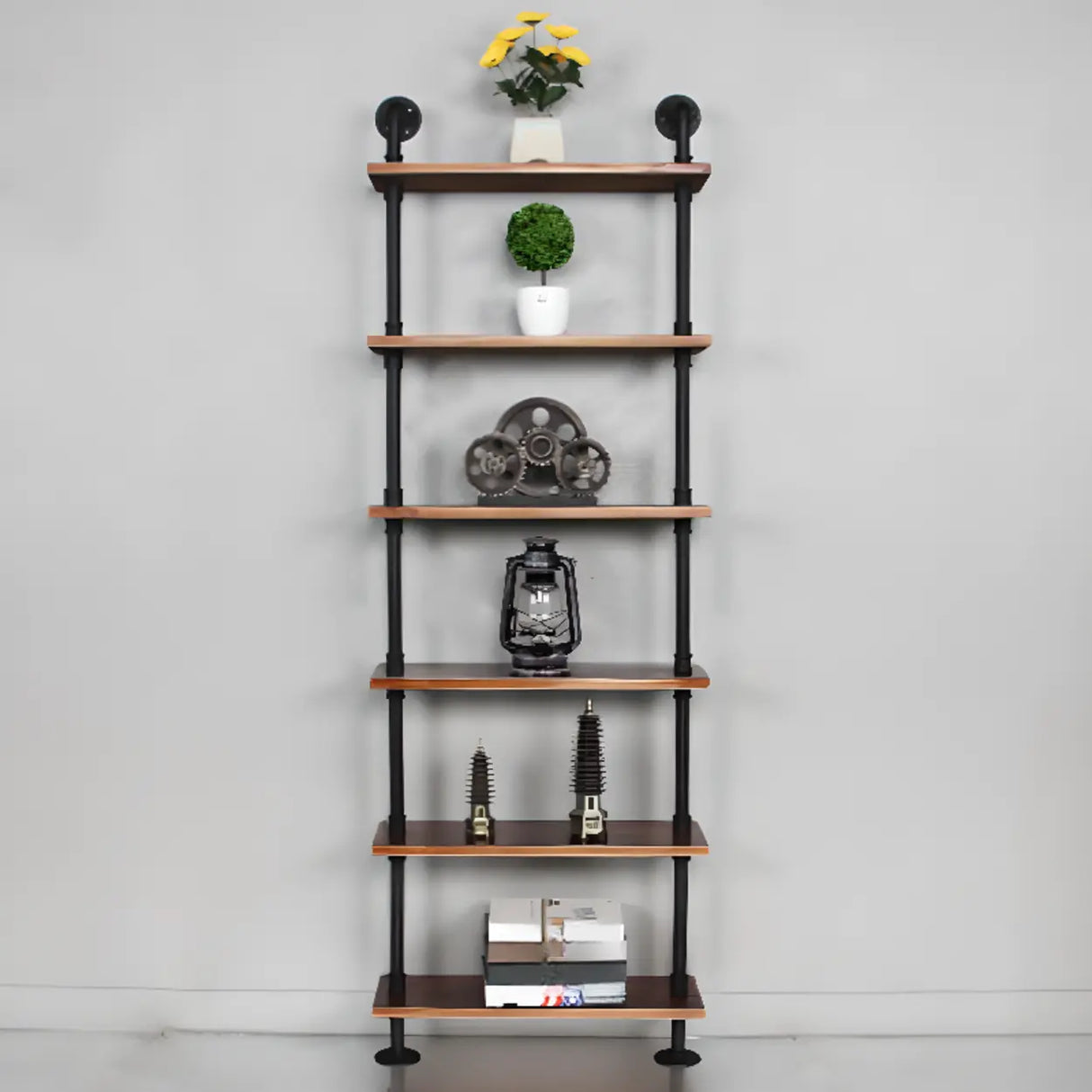 Rustic Brown Industrial Iron Pipe Wall-Mount Bookshelf Image - 19