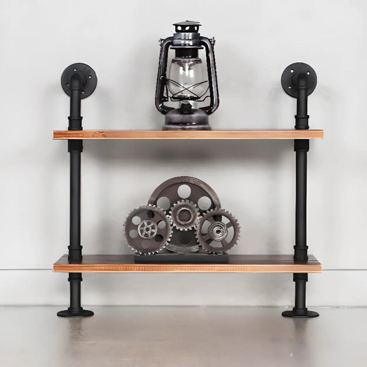 Rustic Brown Industrial Iron Pipe Wall-Mount Bookshelf Image - 2