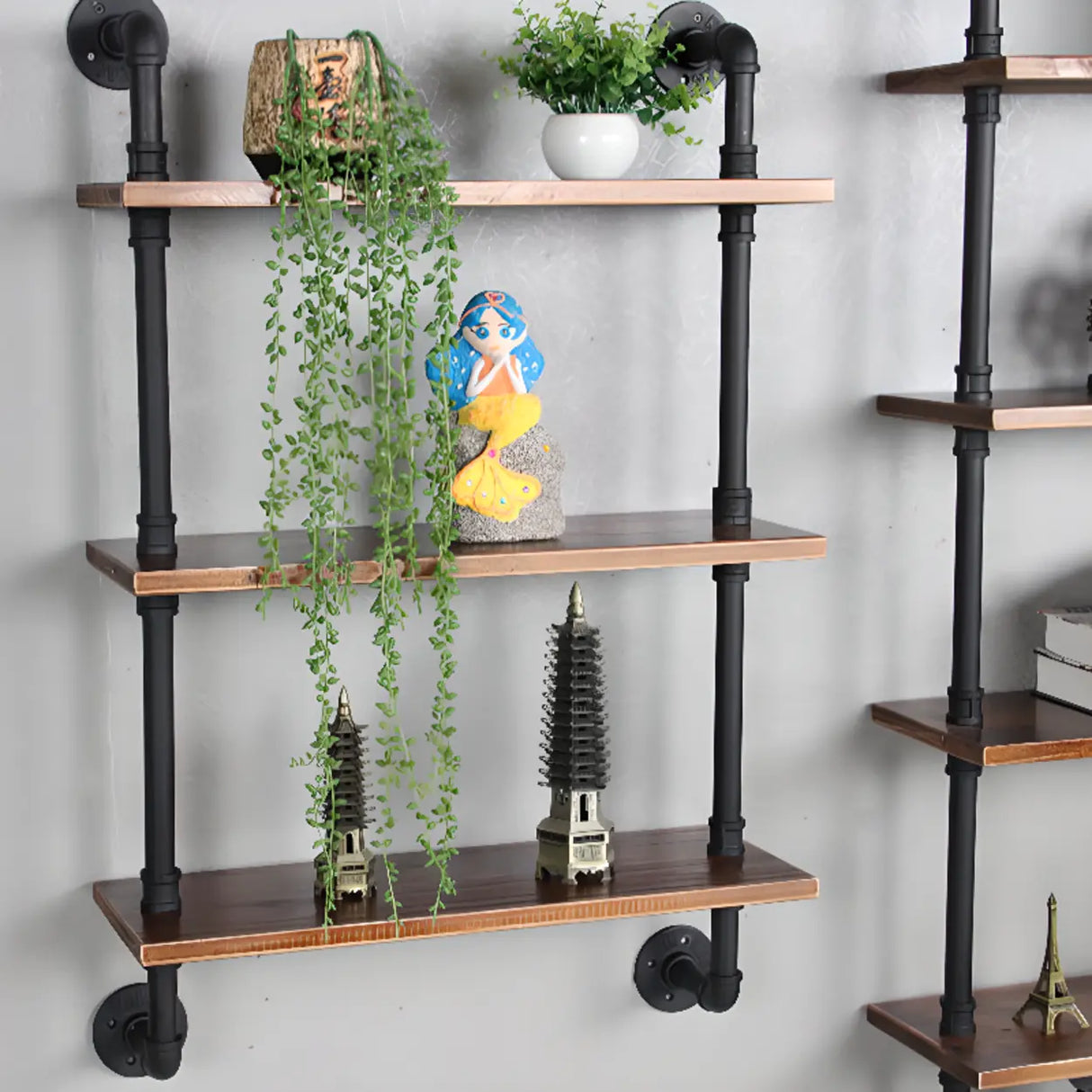 Rustic Brown Industrial Iron Pipe Wall-Mount Bookshelf Image - 3