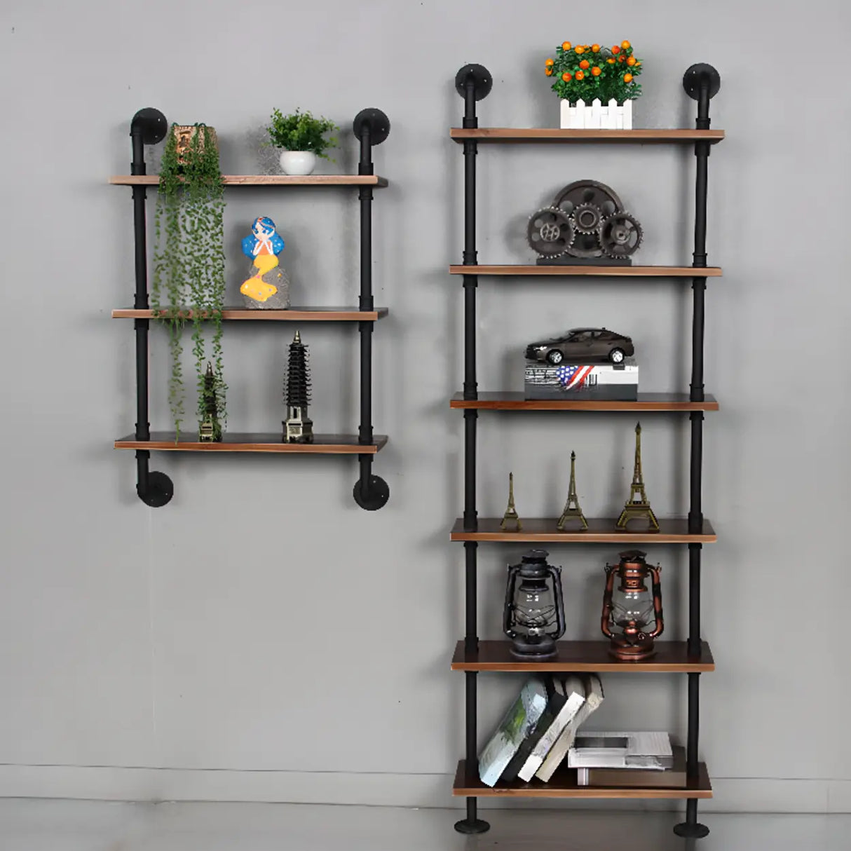 Rustic Brown Industrial Iron Pipe Wall-Mount Bookshelf Image - 4