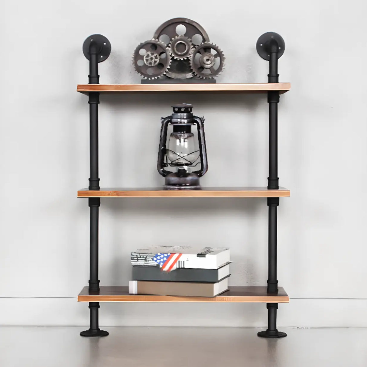 Rustic Brown Industrial Iron Pipe Wall-Mount Bookshelf Image - 5