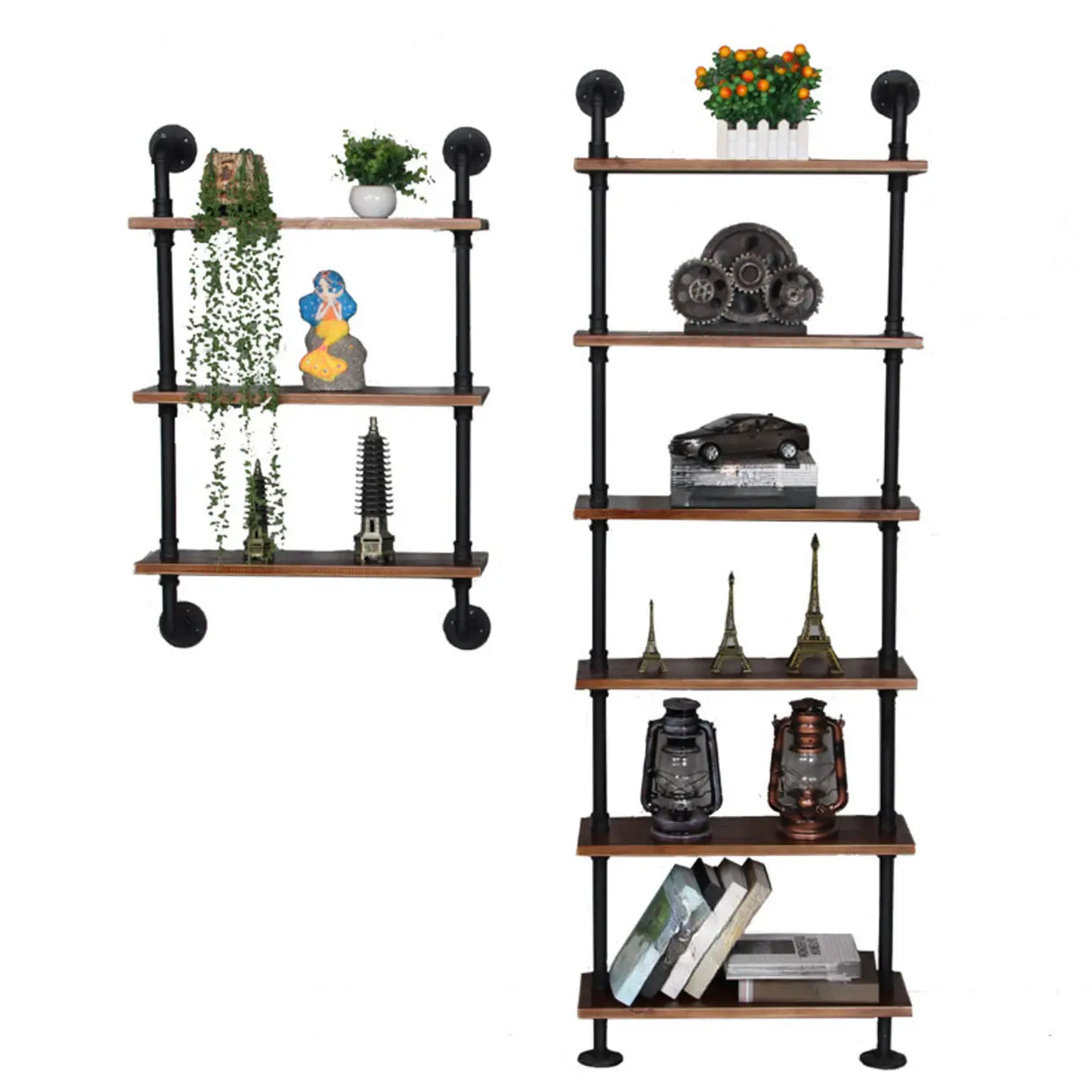 Rustic Brown Industrial Iron Pipe Wall-Mount Bookshelf Image - 6