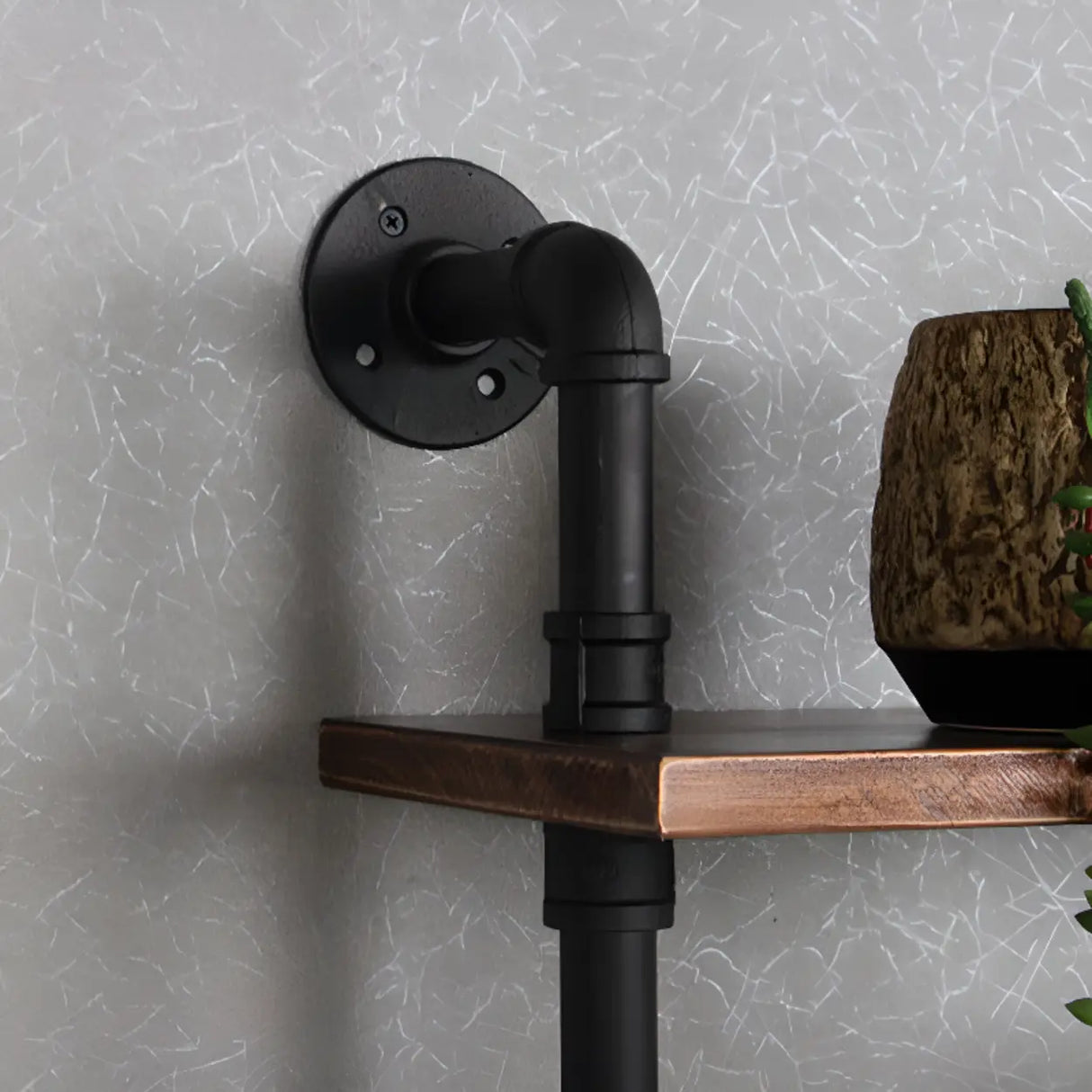 Rustic Brown Industrial Iron Pipe Wall-Mount Bookshelf Image - 8
