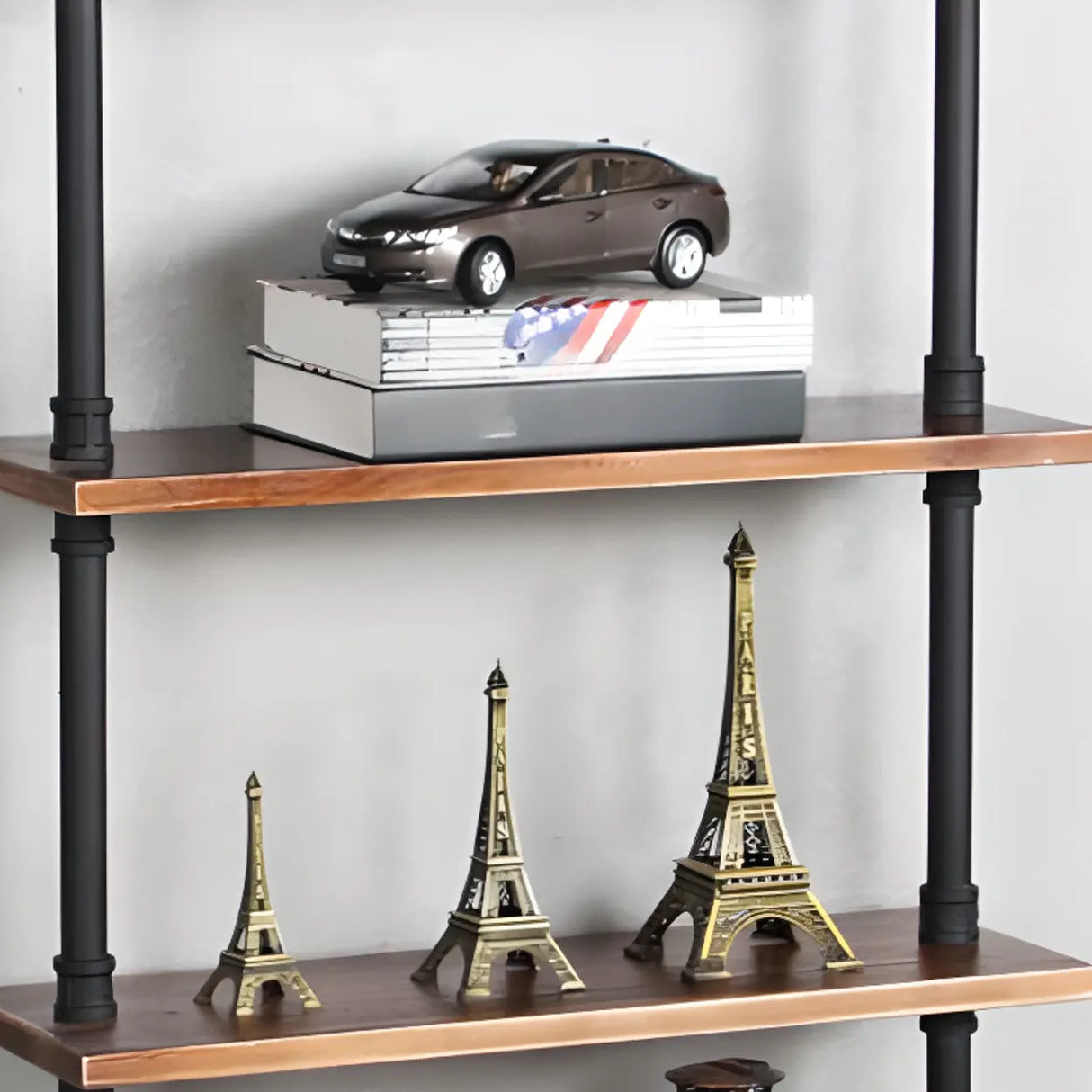 Rustic Brown Industrial Iron Pipe Wall-Mount Bookshelf Image - 9