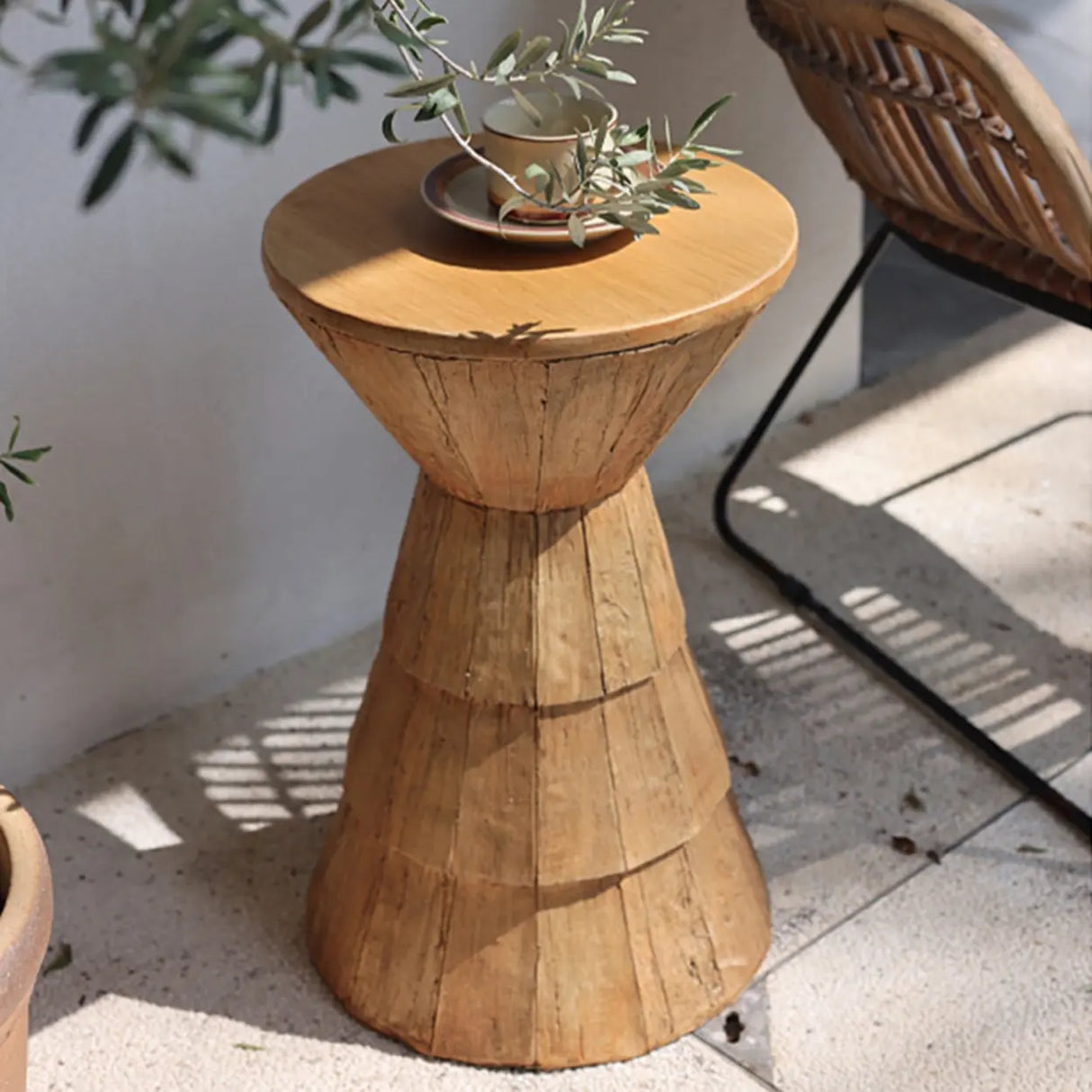 Rustic Brown Pedestal Round Natural Wood Side Table Image - 1