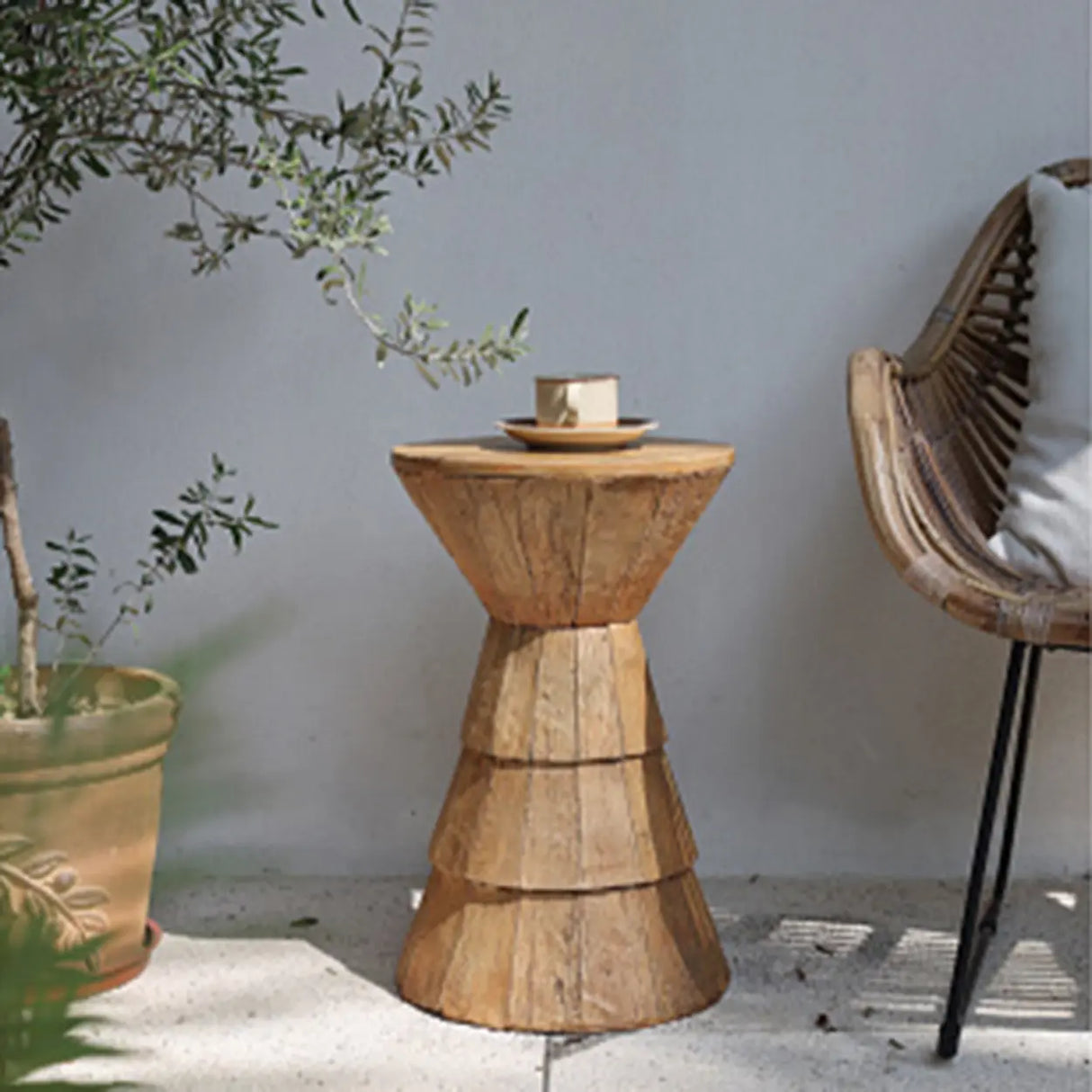 Rustic Brown Pedestal Round Natural Wood Side Table Image - 3