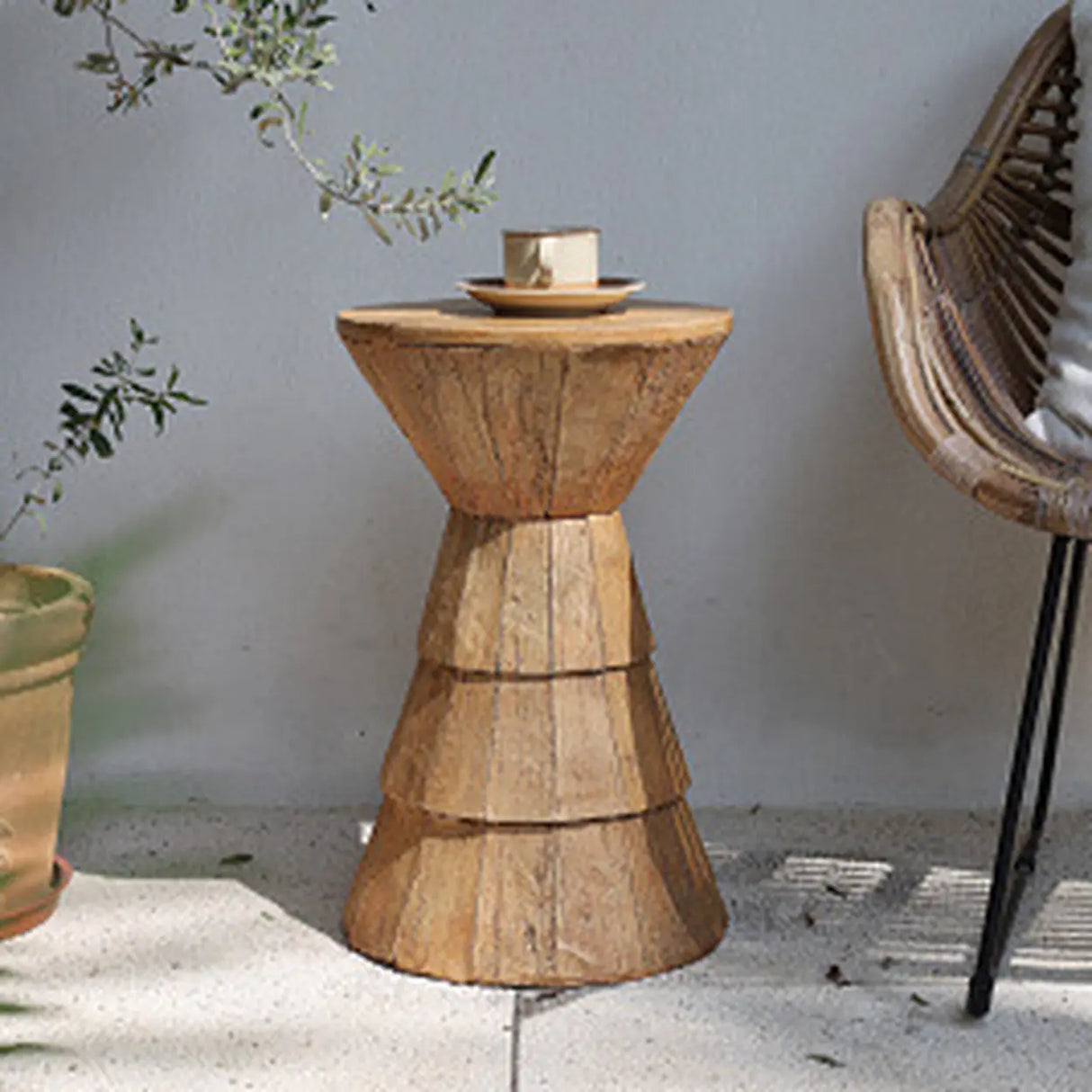 Rustic Brown Pedestal Round Natural Wood Side Table Image - 6