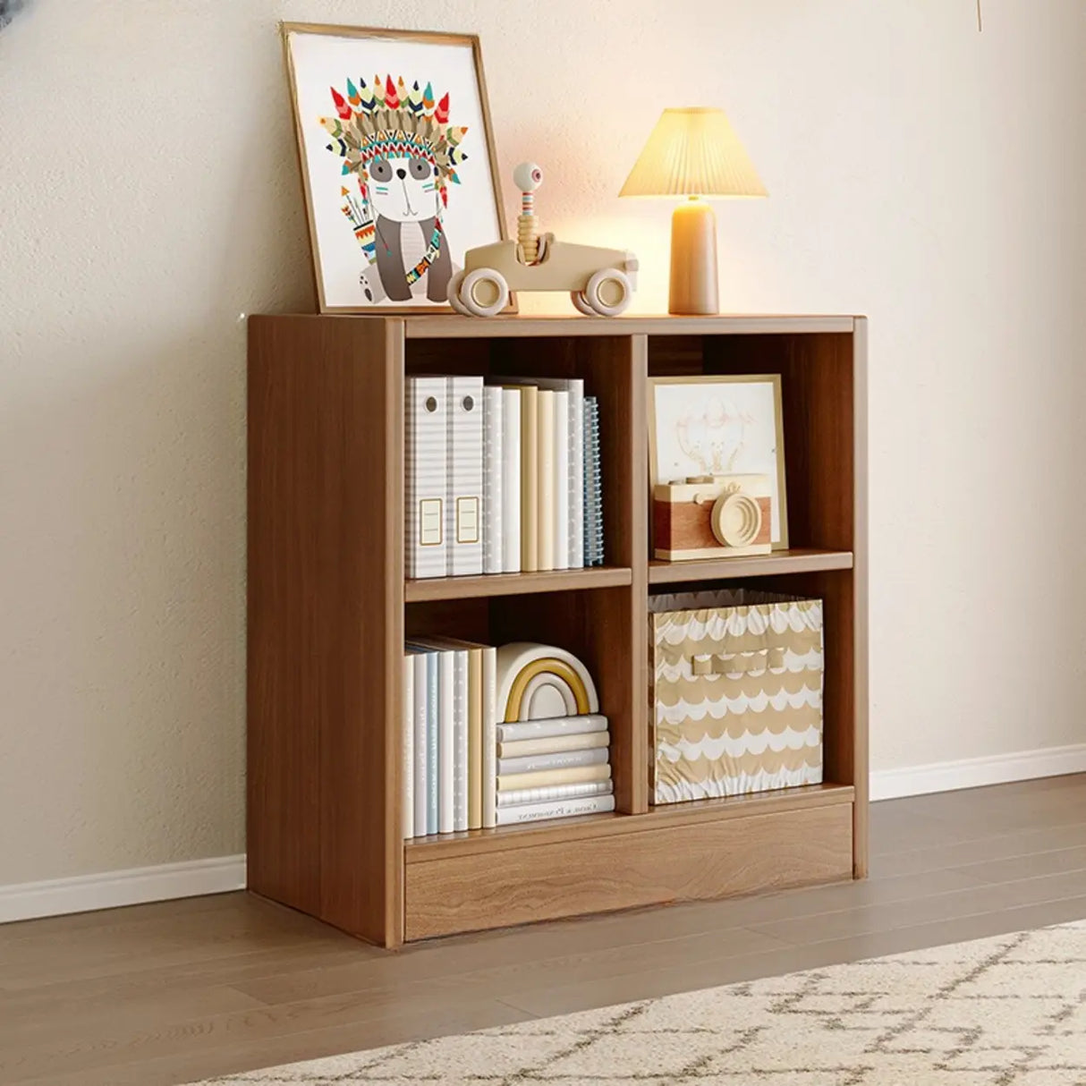Rustic Brown Rectangular Cube Wooden Storage Bookcase Image - 2