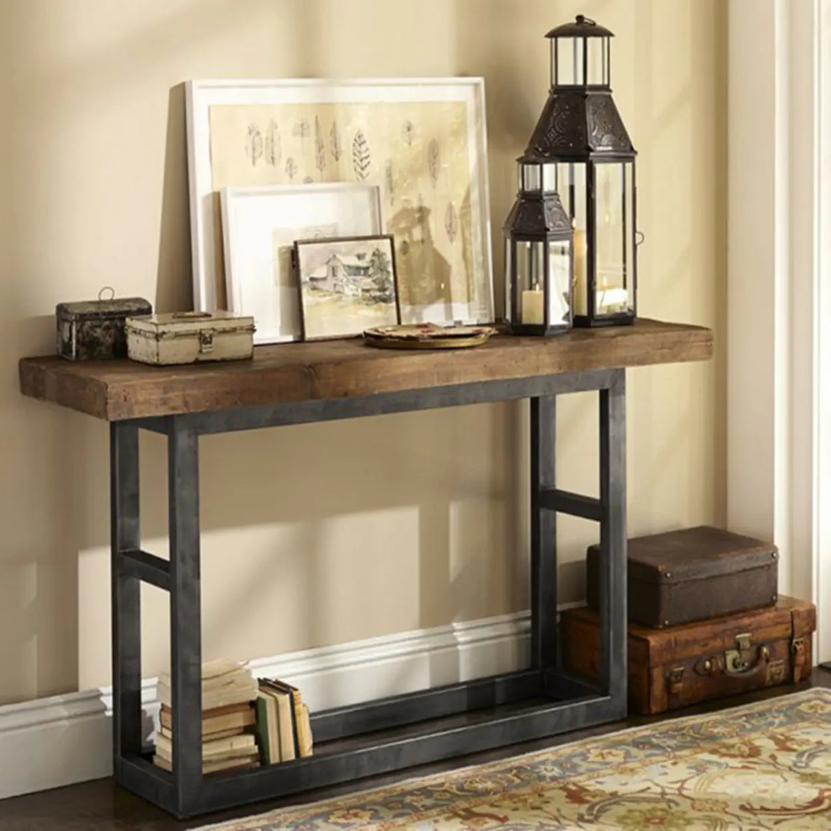 Rustic Brown Rectangular Wood Narrow Console Table Image - 3