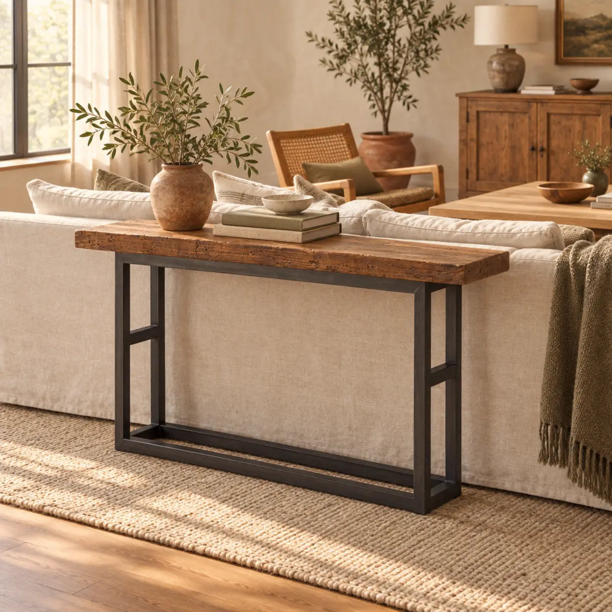 Rustic Brown Rectangular Wood Narrow Console Table Image - 3