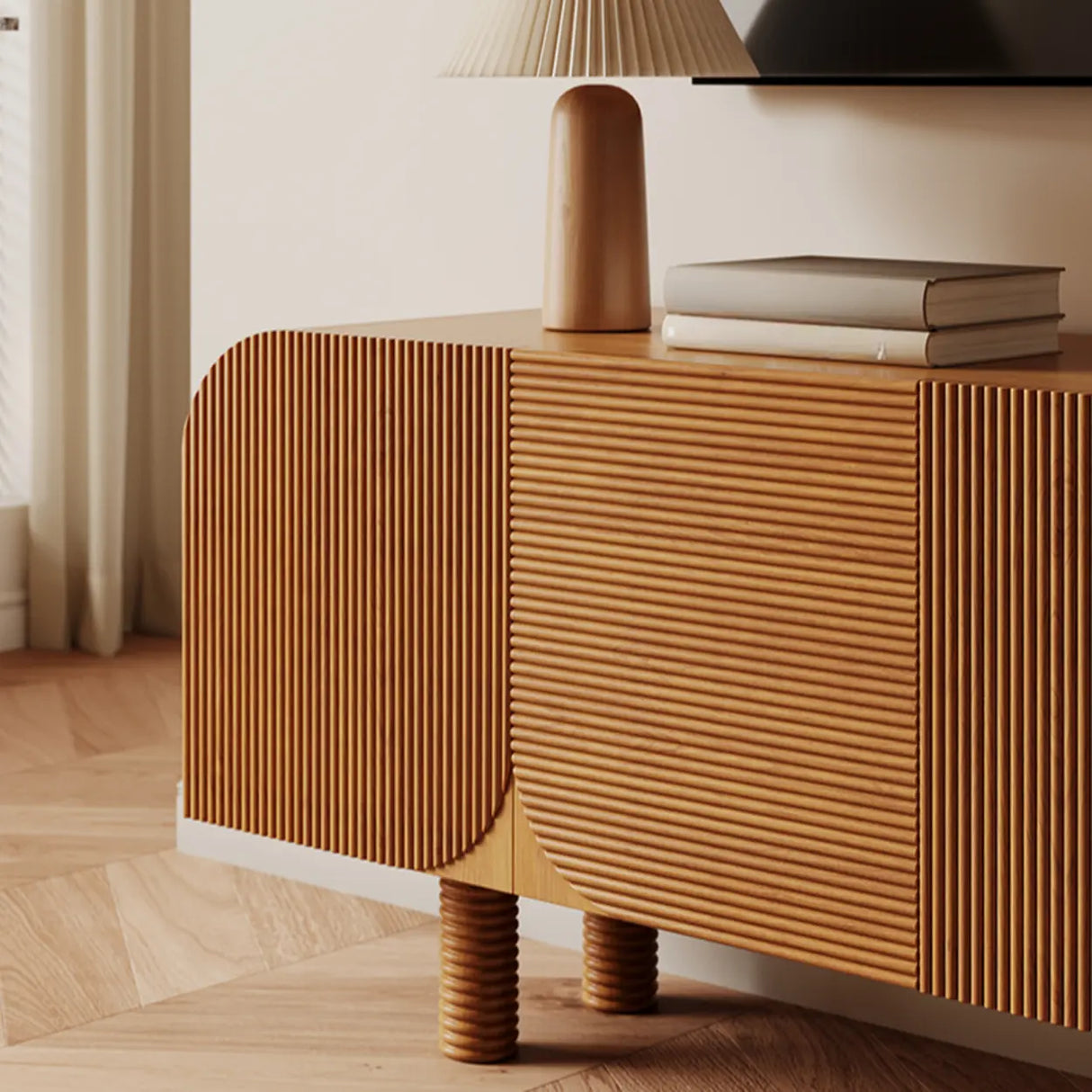 Rustic Brown Wooden Long Curved TV Stand with Cabinet Image - 7