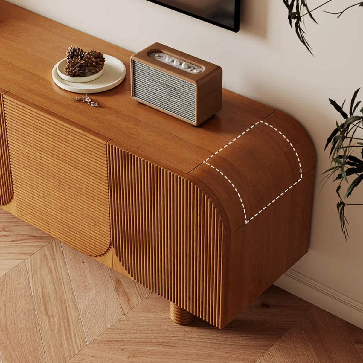 Rustic Brown Wooden Long Curved TV Stand with Cabinet Image - 8